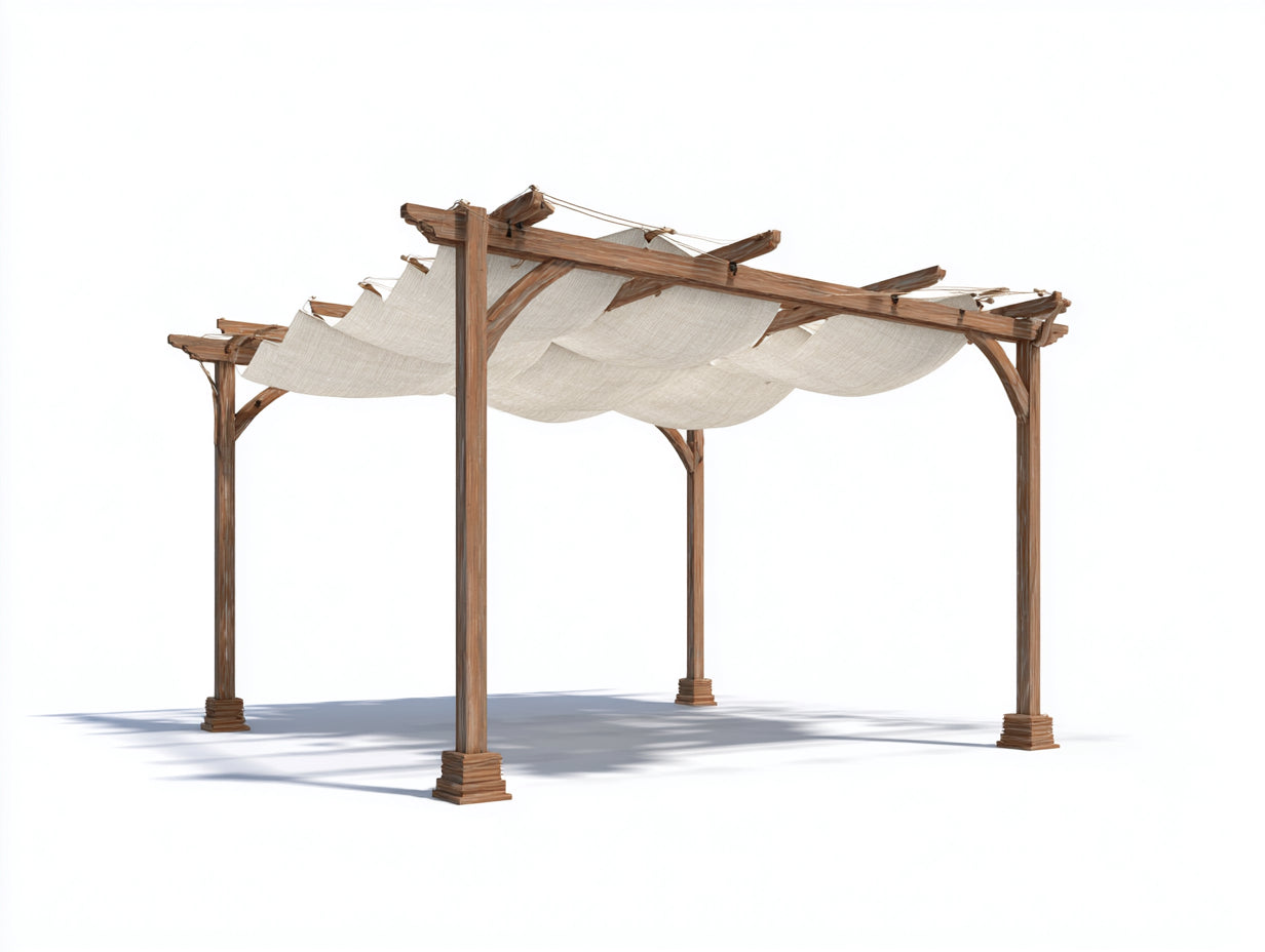 Pavillon 400x300x250 cm - Holz in Braun und Stoffdach in Beige - offene Pergola - natürlicher Stil