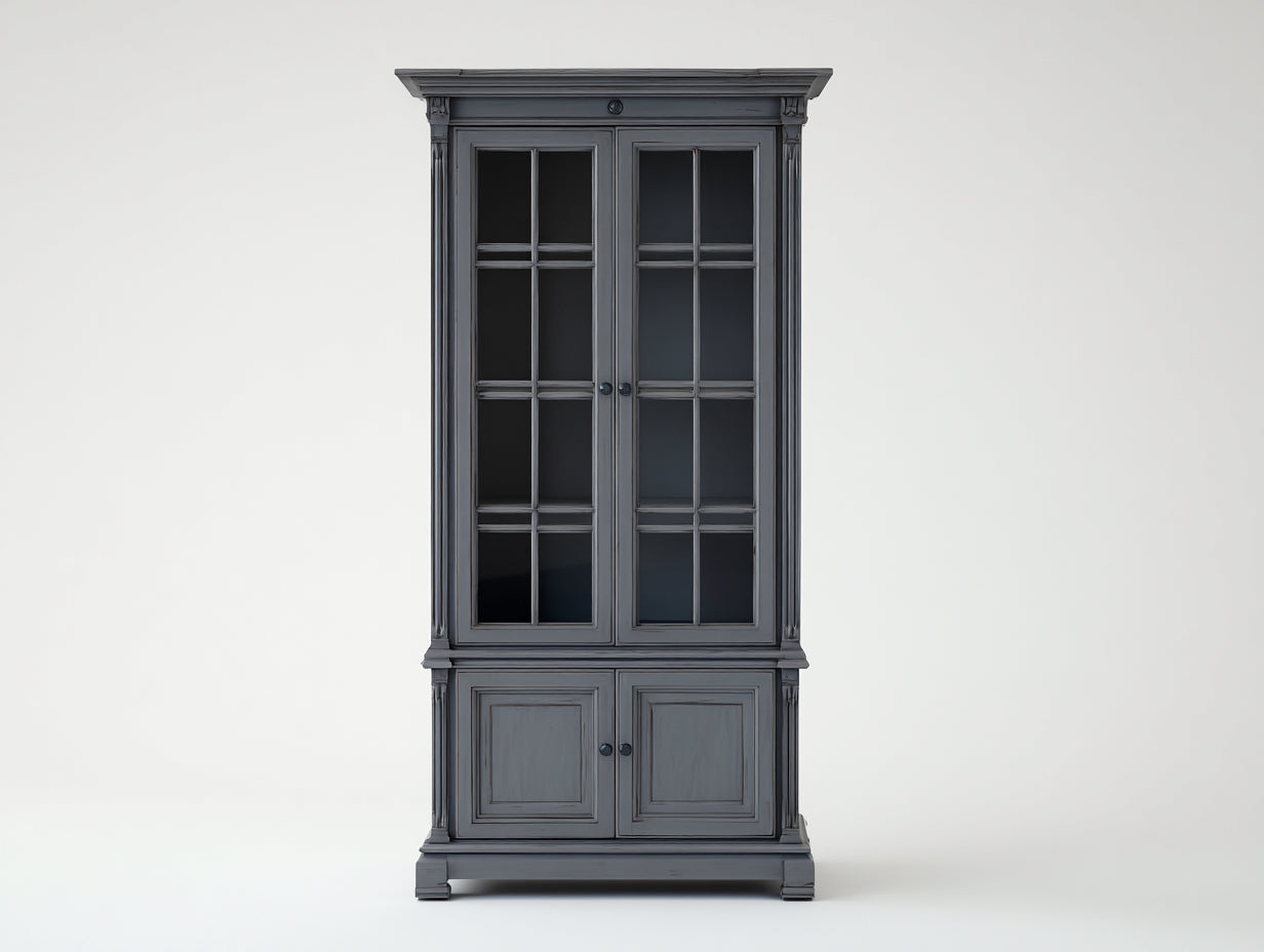 Bücherregal 105x42x190 cm - Holzwerkstoff und Glas in Grau - 4 Türen - klassischer Stil