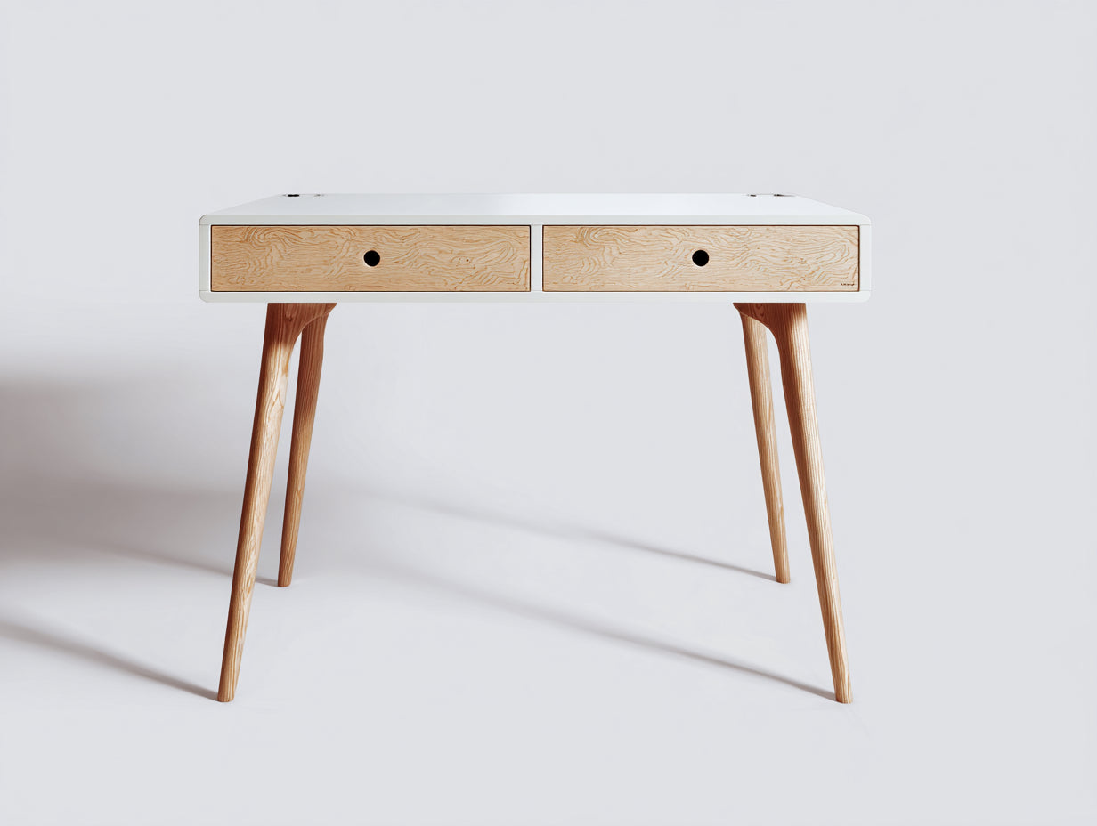 Schreibtisch 120x60x76 cm - Holzwerkstoff in Weiß-Naturbraun - 2 Schubladen - moderner Stil