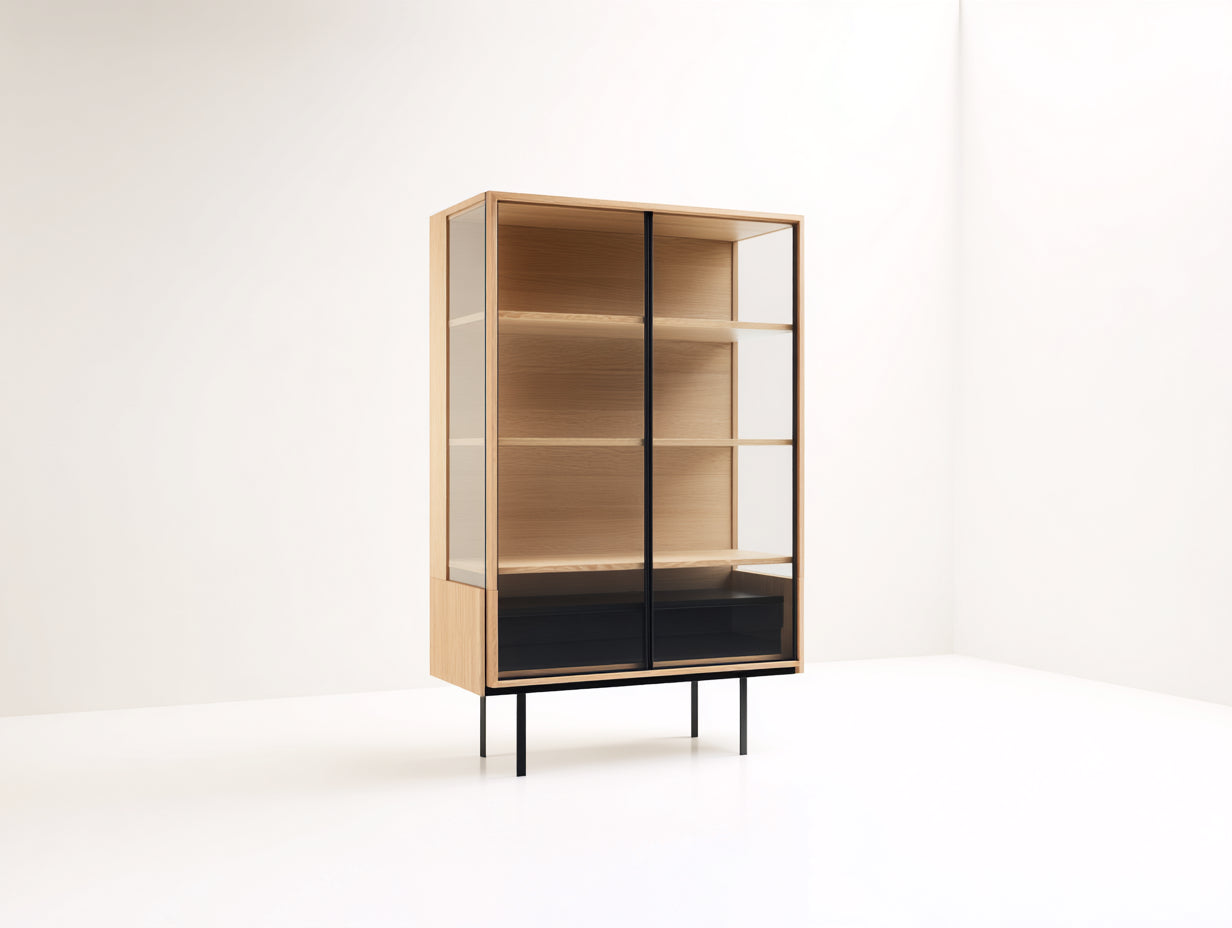 Bücherregal Holz-Glas 90x40x160 cm natur-schwarz - modernes Vitrinen Design