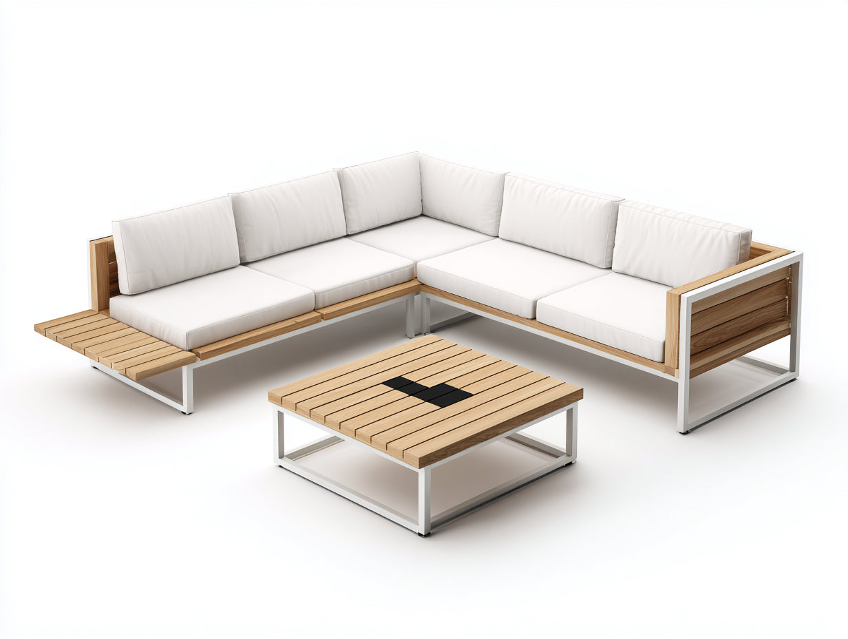 Gartensofa 260x260x70 cm - Holz und Metall in Naturbraun-Weiß - mit Couchtisch - moderner Stil