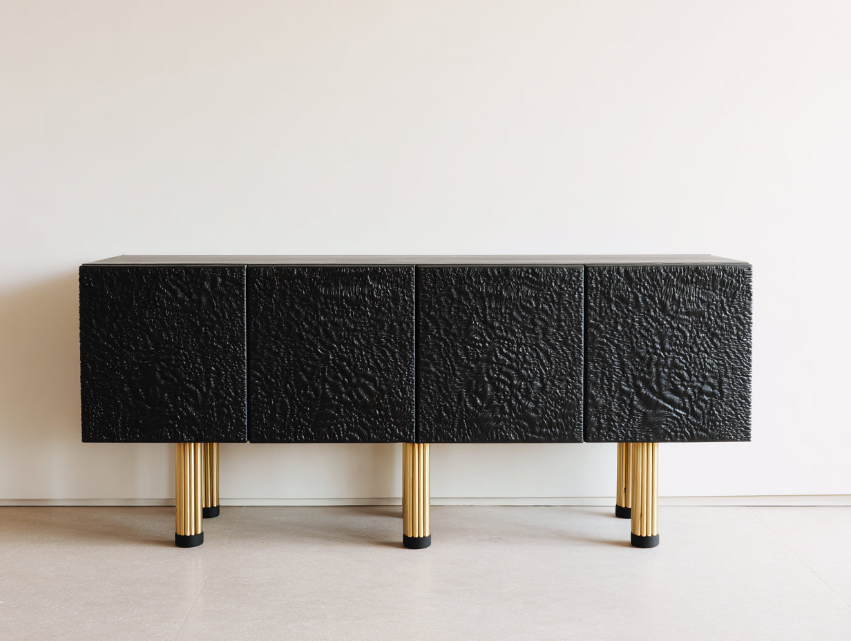 Dielenschränke 180x42x82 cm aus Holzwerkstoff - Schwarz-Goldfarben - modernes Reliefdesign