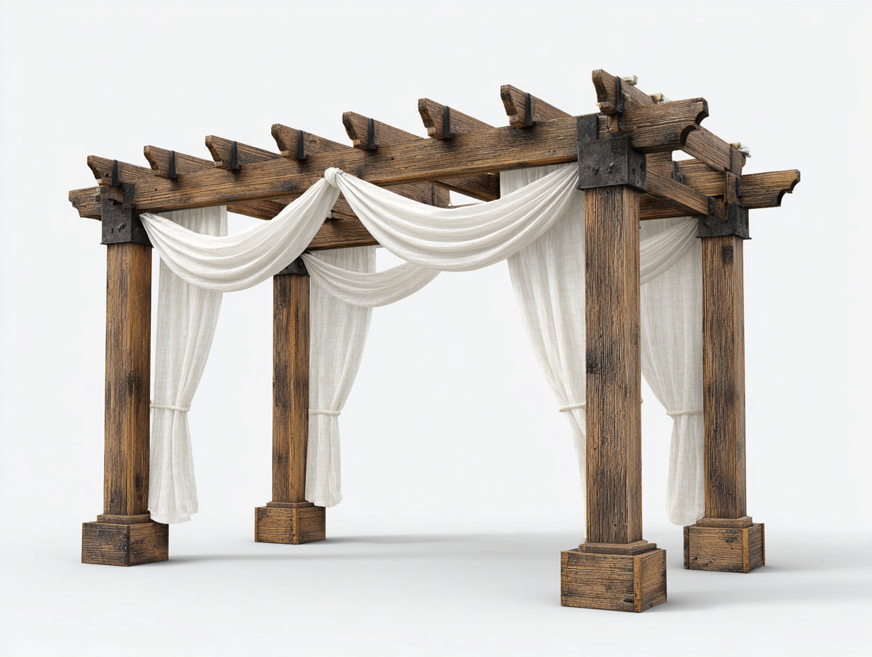 Pavillon Holz 300x300x240 cm - braun weiß - mit Stoffvorhängen