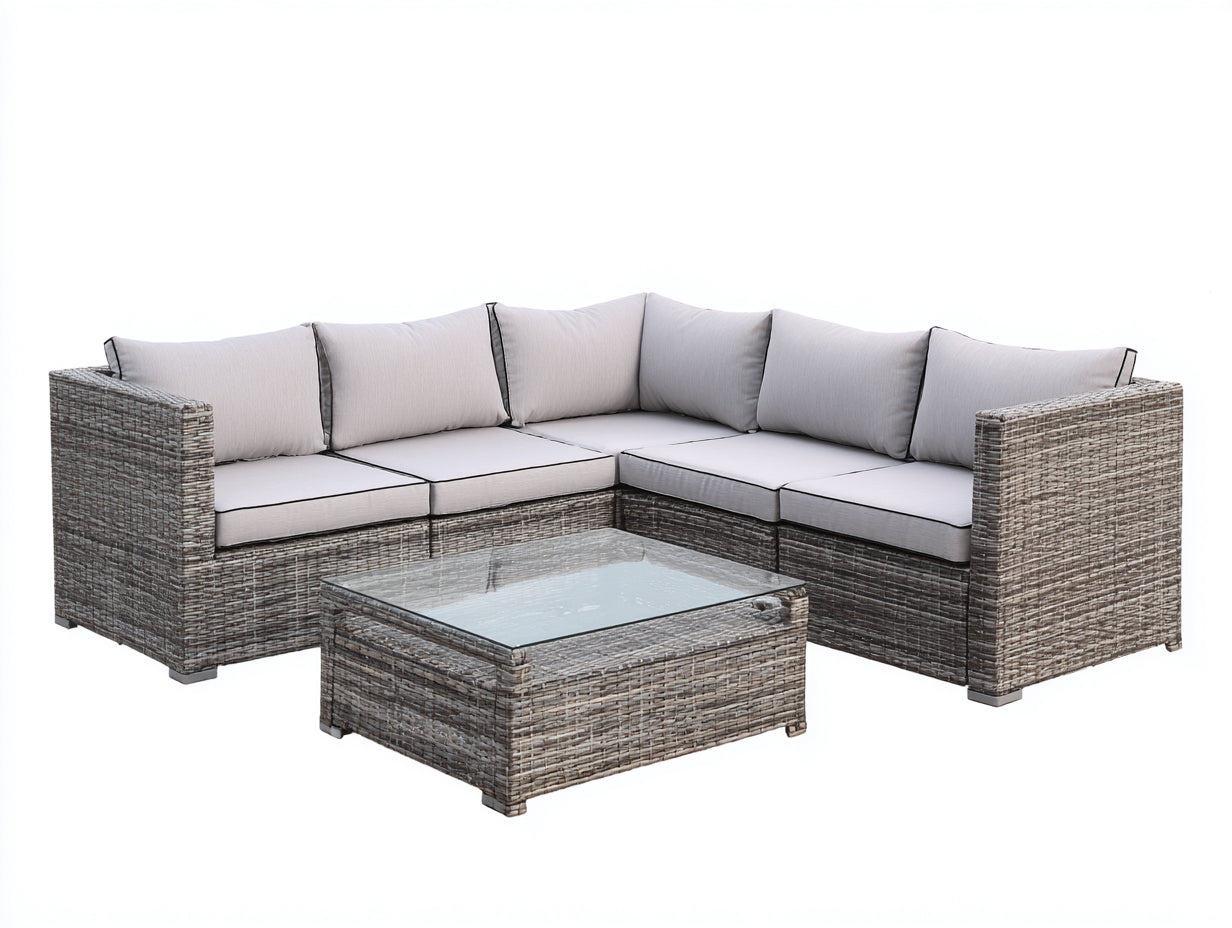 Gartensofa 240x240x75 cm aus Polyrattan und Glas - Grau-Beige - moderner Outdoor-Stil mit Couchtisch