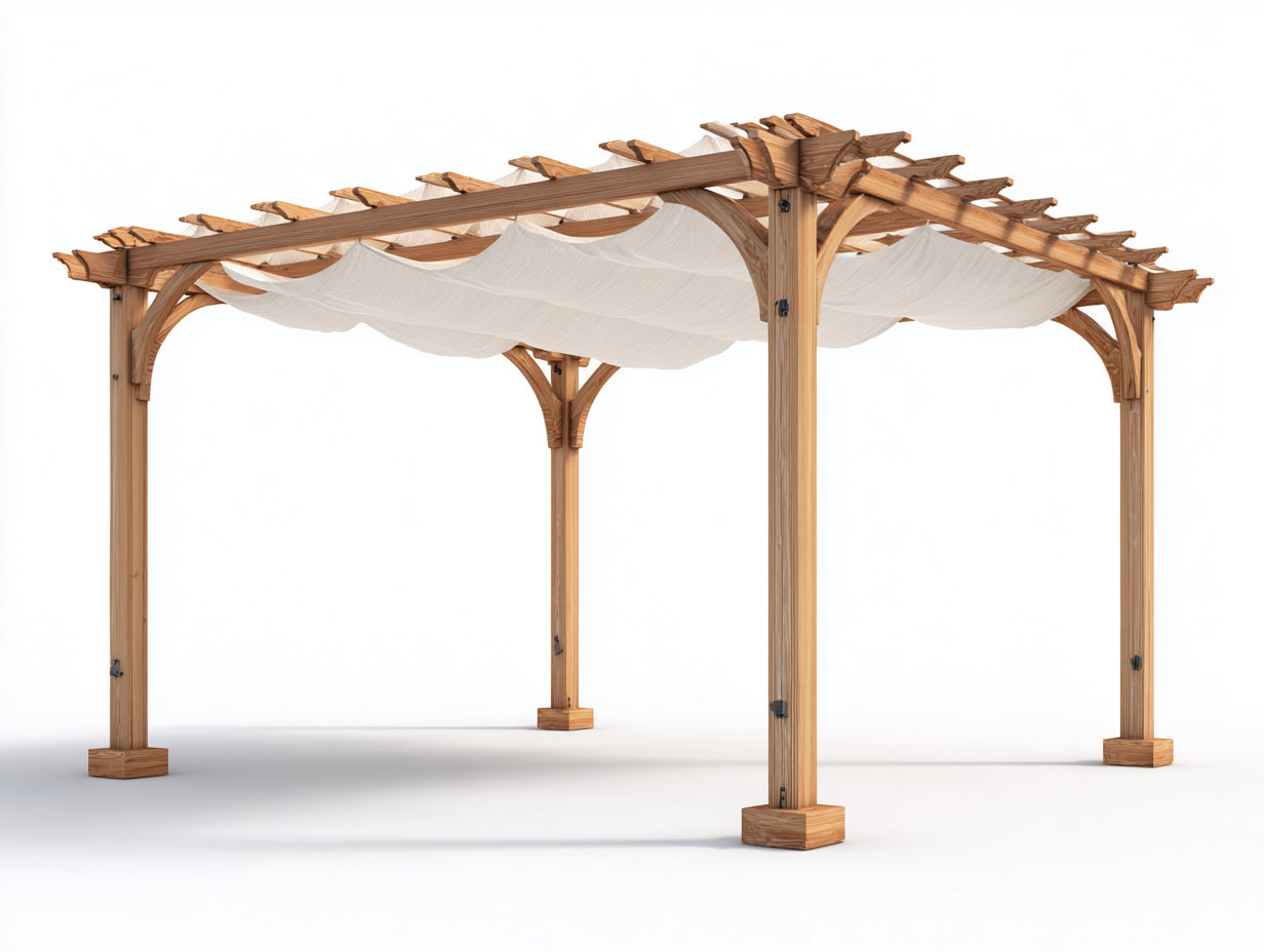 Pavillon 360x300x250 cm aus Holz und Stoff - Braun-Cremeweiß - rustikaler Gartenstil mit Stoffdach