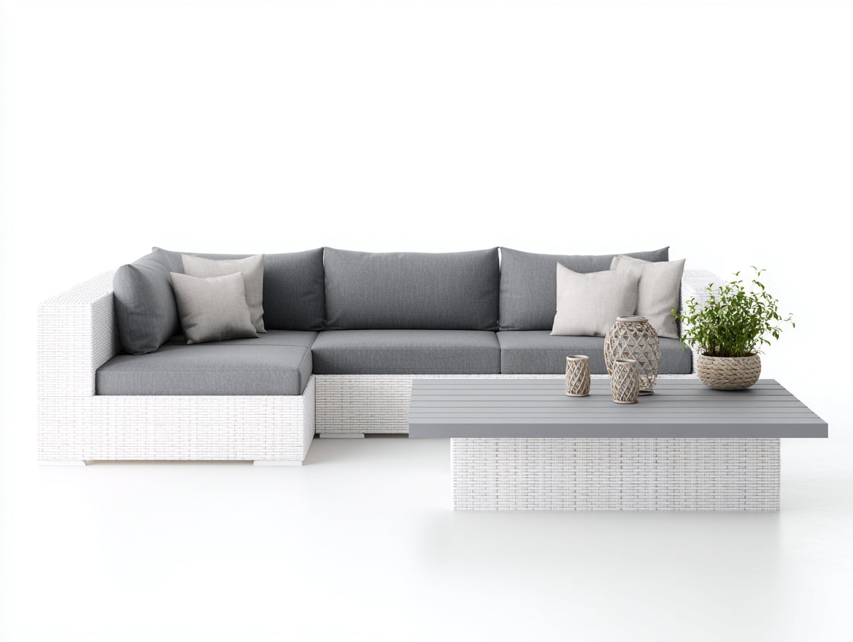 Gartensofa 260x180x72 cm aus Polyrattan - Weiß-Grau - moderner Outdoor-Stil mit Couchtisch