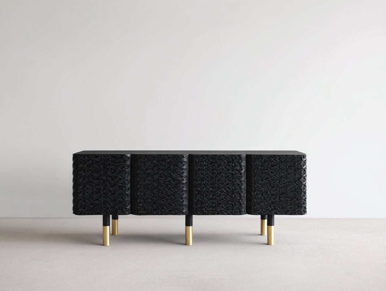 Dielenschränke Holz Metall 180x42x80 cm - schwarz gold - strukturierte Front